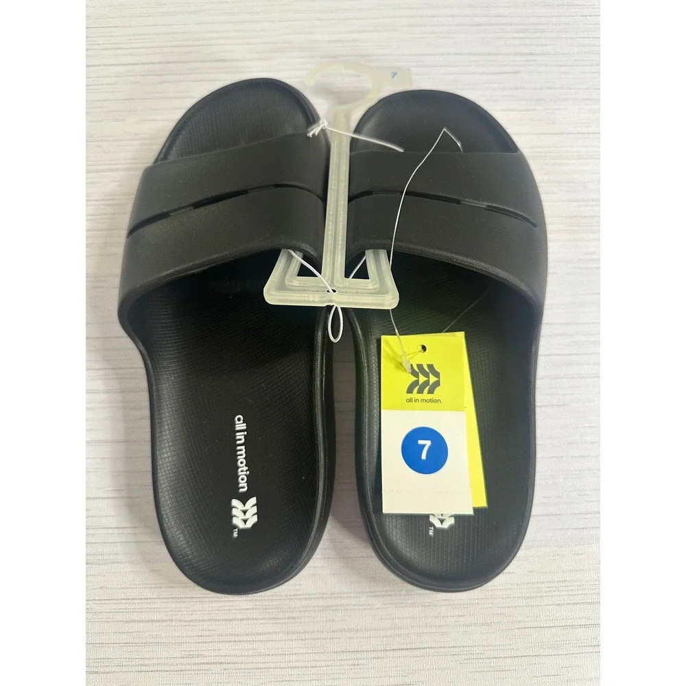 All in Motion Mens Slide Sandals Black Contoured Footbed Size 7 F425071-Q1/26